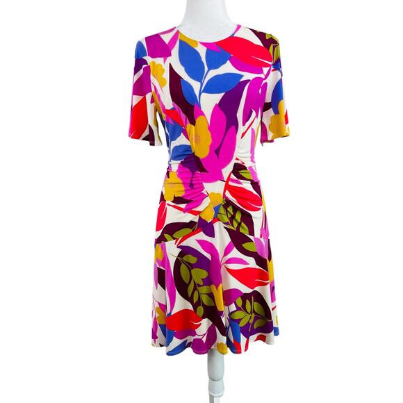 Donna Morgan White Multi Floral Ruched Short Sleeve Mini Dress 8/Medium NWOT - Picture 3 of 16